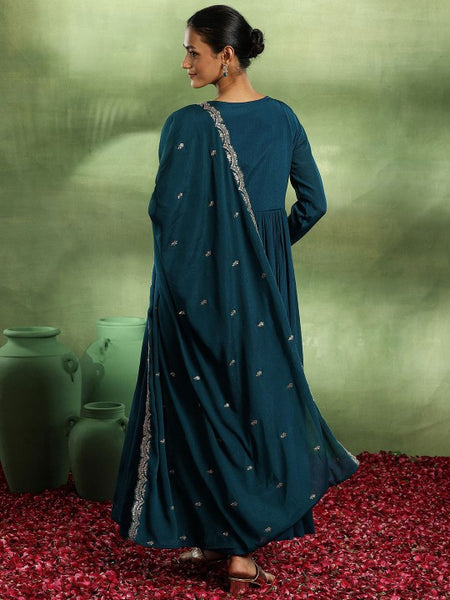 Floral Yoke Design Pleated Zari & Sequinned A-Line Kurta With Trousers & Dupatta Set