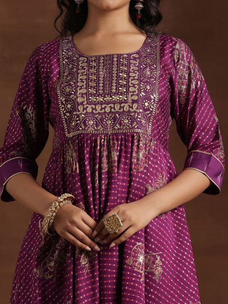 Women Floral Printed Pleated Mirror Work Anarkali Kurta with Trousers & Dupatta