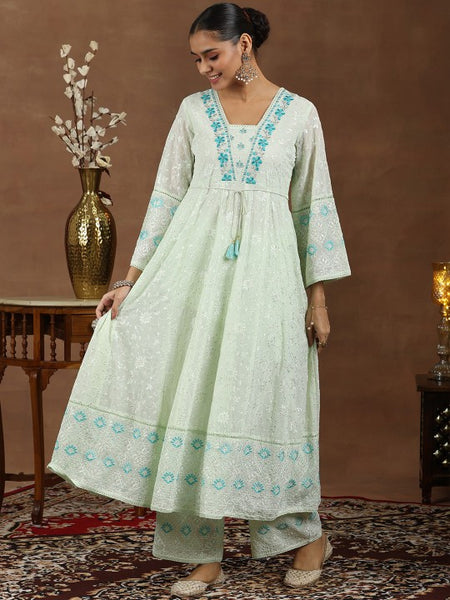 Women Floral Embroidered Panelled Thread Work Anarkali Kurta with Palazzos & With Dupatta