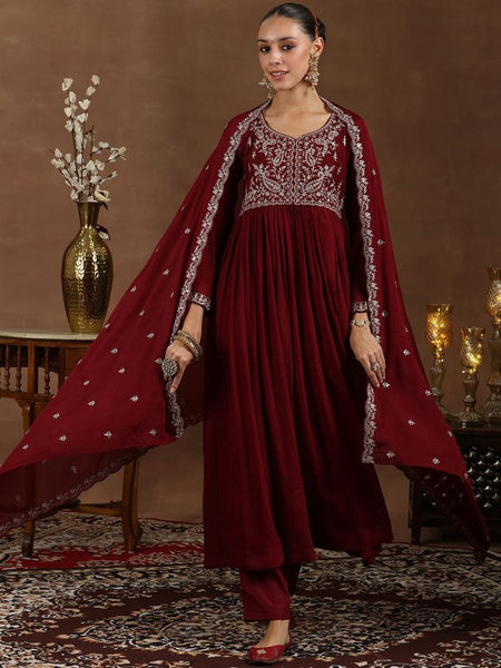 Floral Yoke Design Zari Anarkali Kurta with Trousers & Dupatta Set