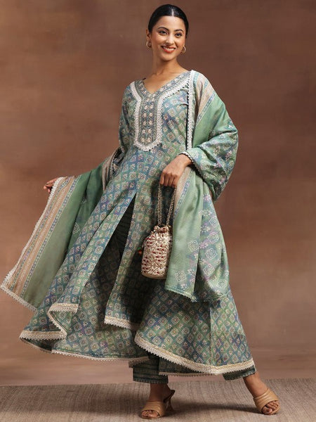 Women Ethnic Motifs Printed Zari Panelled Flared Kurta With Trouser & Dupatta