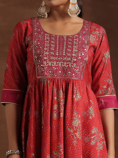 Women Floral Printed Pleated Mirror Work Anarkali Kurta with Trousers & Dupatta