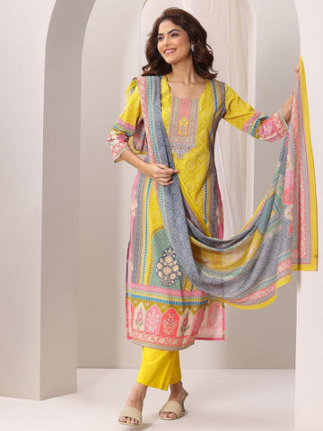Women Yellow Ethnic Motifs Printed Round Neck Straight Kurta with Trousers & Dupatta Set VitansEthnics
