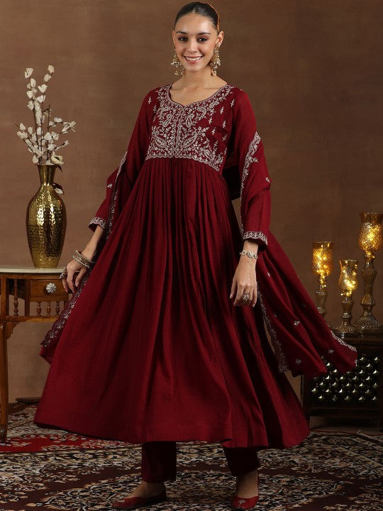 Floral Yoke Design Zari Anarkali Kurta with Trousers & Dupatta Set