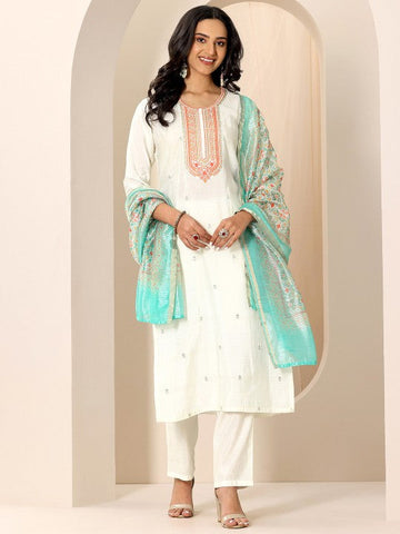 Women Ethnic Motifs Embroidered Round Neck Kurta With Trousers And Dupatta Indian Suit Set VitansEthnics