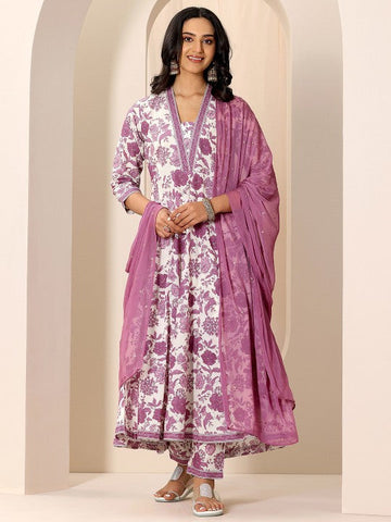 Women Floral Printed V-Neck Panelled Kurta With Trousers And Dupatta Indian Suit Set VitansEthnics