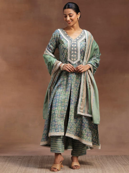 Women Ethnic Motifs Printed Zari Panelled Flared Kurta With Trouser & Dupatta