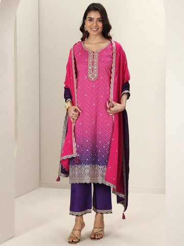 Women Bandhani Printed Regular Zari Work Kurta with Trousers & Dupatta Indian Suit Set VitansEthnics