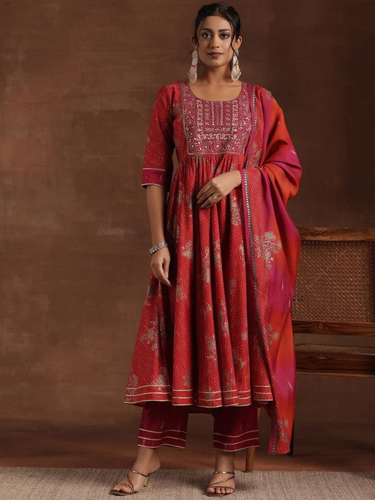 Women Floral Printed Pleated Mirror Work Anarkali Kurta with Trousers & Dupatta