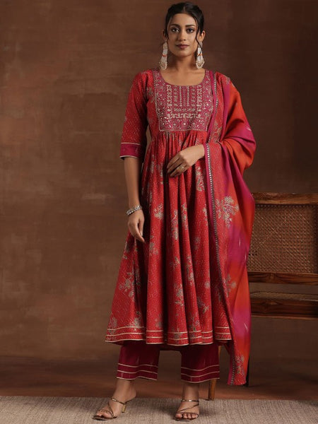 Women Floral Printed Pleated Mirror Work Anarkali Kurta with Trousers & Dupatta