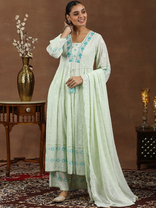 Women Floral Embroidered Panelled Thread Work Anarkali Kurta with Palazzos & With Dupatta