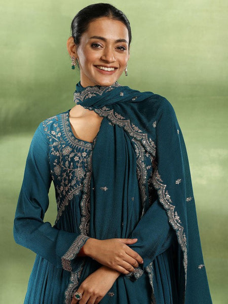 Floral Yoke Design Pleated Zari & Sequinned A-Line Kurta With Trousers & Dupatta Set