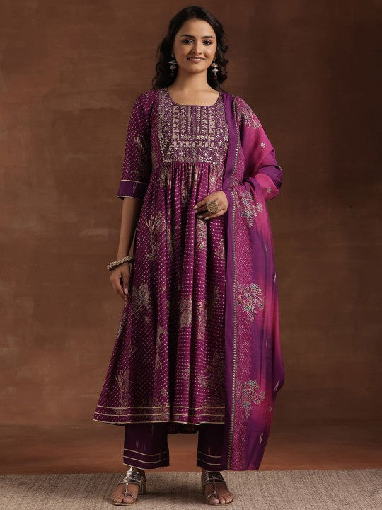 Women Floral Printed Pleated Mirror Work Anarkali Kurta with Trousers & Dupatta