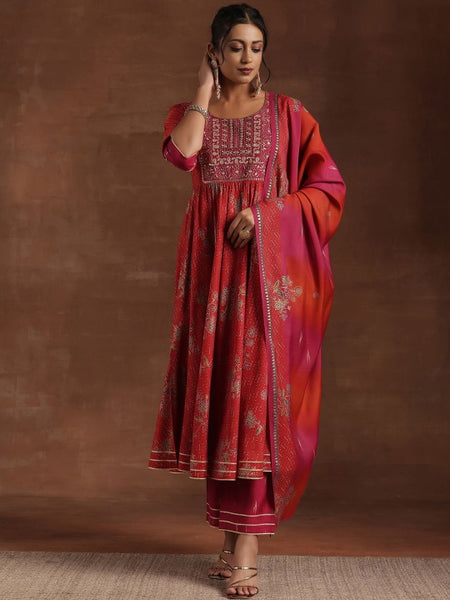 Women Floral Printed Pleated Mirror Work Anarkali Kurta with Trousers & Dupatta