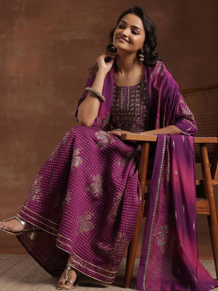 Women Floral Printed Pleated Mirror Work Anarkali Kurta with Trousers & Dupatta