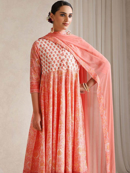Women Floral Printed Mandarin Collar Pure Cotton Anarkali Kurta & Trousers & Dupatta VitansEthnics