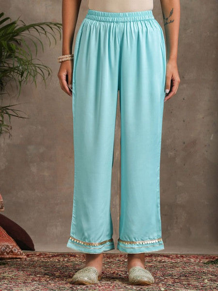 Women Turquoise blue Mandarin Collar Pleated Kurta & Trousers & Dupatta Set VitansEthnics