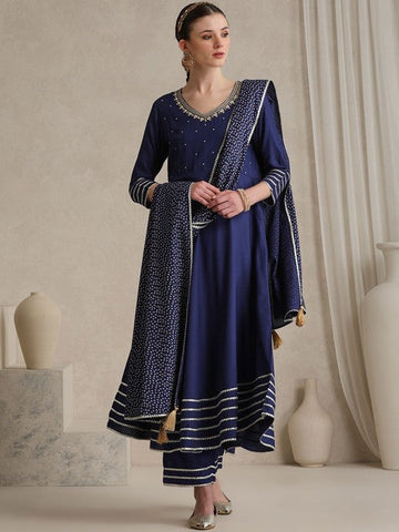 Women Floral Embroidered Gotta Patti V-Neck Anarkali Kurta With Palazzos & Dupatta VitansEthnics