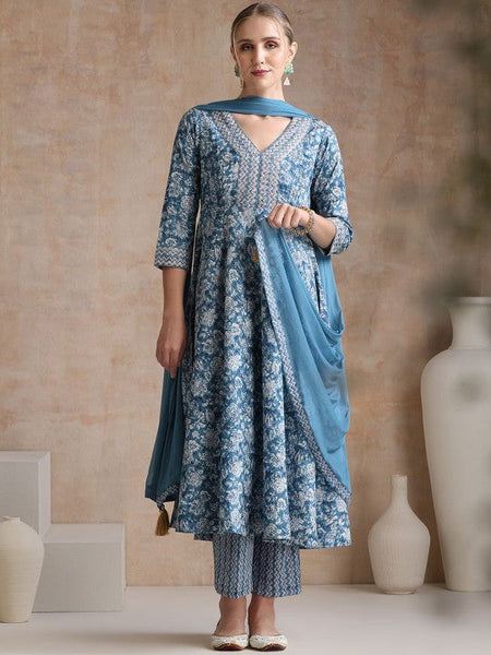 Women Ethnic Motifs Printed V-Neck Anarkali Pure Cotton Kurta With Trousers & Dupatta VitansEthnics