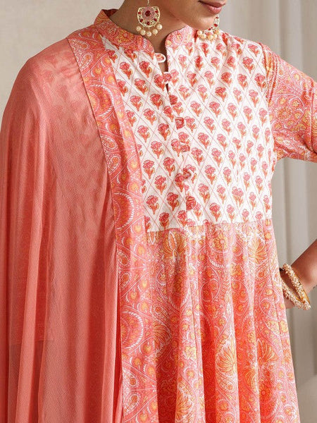 Women Floral Printed Mandarin Collar Pure Cotton Anarkali Kurta & Trousers & Dupatta VitansEthnics