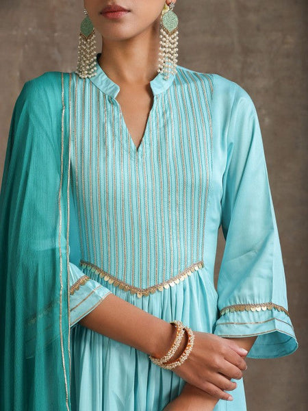 Women Turquoise blue Mandarin Collar Pleated Kurta & Trousers & Dupatta Set VitansEthnics