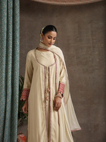 Women Geometric Embroidered Mirror Work A-Line Kurta With Sharara & Dupatta Set VitansEthnics