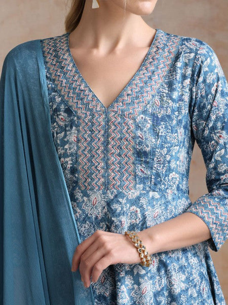 Women Ethnic Motifs Printed V-Neck Anarkali Pure Cotton Kurta With Trousers & Dupatta VitansEthnics