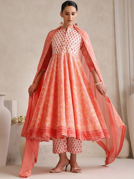 Women Floral Printed Mandarin Collar Pure Cotton Anarkali Kurta & Trousers & Dupatta VitansEthnics