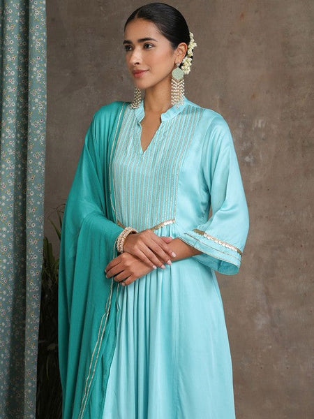 Women Turquoise blue Mandarin Collar Pleated Kurta & Trousers & Dupatta Set VitansEthnics