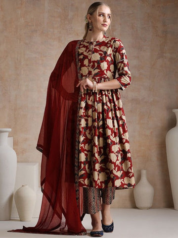 Women Floral Printed Flared Pure Cotton Kurta with Palazzos & With Dupatta Set VitansEthnics