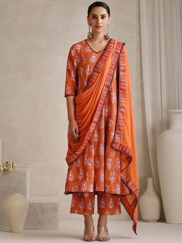 Women Floral Printed V Neck Pure Cotton A-Line Kurta With Palazzos & Dupatta Set VitansEthnics