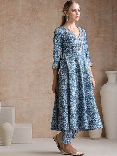 Women Ethnic Motifs Printed V-Neck Anarkali Pure Cotton Kurta With Trousers & Dupatta VitansEthnics