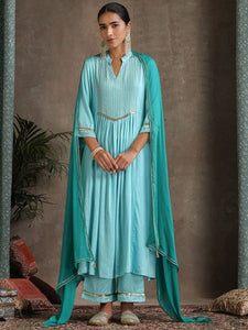 Women Turquoise blue Mandarin Collar Pleated Kurta & Trousers & Dupatta Set VitansEthnics