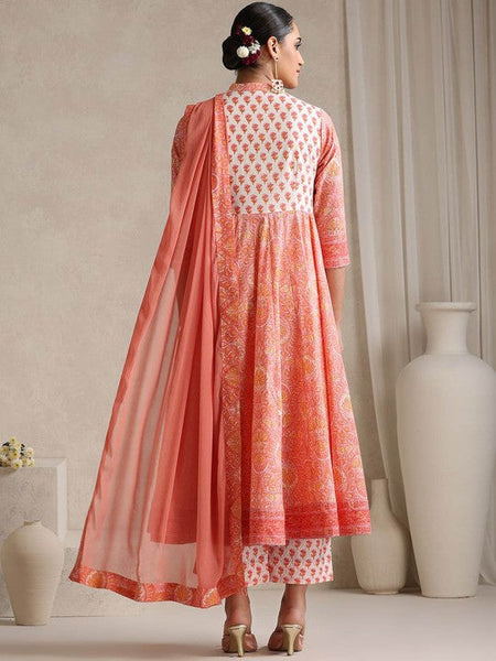 Women Floral Printed Mandarin Collar Pure Cotton Anarkali Kurta & Trousers & Dupatta VitansEthnics