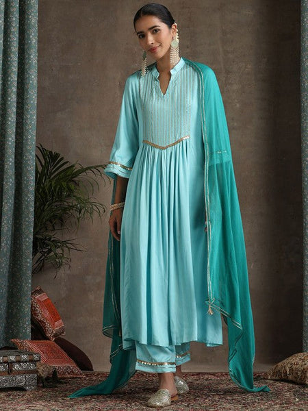 Women Turquoise blue Mandarin Collar Pleated Kurta & Trousers & Dupatta Set VitansEthnics