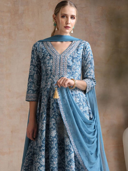 Women Ethnic Motifs Printed V-Neck Anarkali Pure Cotton Kurta With Trousers & Dupatta VitansEthnics