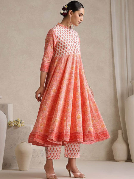 Women Floral Printed Mandarin Collar Pure Cotton Anarkali Kurta & Trousers & Dupatta VitansEthnics