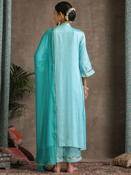 Women Turquoise blue Mandarin Collar Pleated Kurta & Trousers & Dupatta Set VitansEthnics