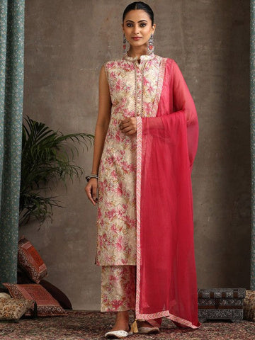 Women Floral Printed Mandarin Collar Pure Cotton Kurta with Palazzos & With Dupatta Set VitansEthnics