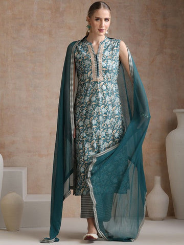 Women Ethnic Motifs Mandarin Collar Pure Cotton Kurta with Palazzos & With Dupatta Set VitansEthnics