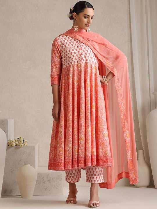 Women Floral Printed Mandarin Collar Pure Cotton Anarkali Kurta & Trousers & Dupatta VitansEthnics