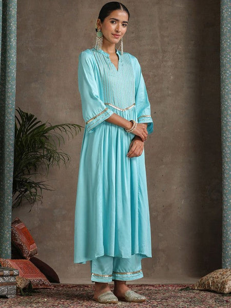 Women Turquoise blue Mandarin Collar Pleated Kurta & Trousers & Dupatta Set VitansEthnics