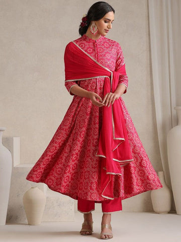 Women Bandhani Printed Mandarin Collar Panelled Anarkali Kurta With Trouser & Dupatta VitansEthnics