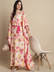 Designer Indian Floral Printed Kaftan Maxi Dress For Women VitansEthnics