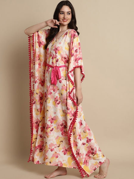 Designer Indian Floral Printed Kaftan Maxi Dress For Women VitansEthnics