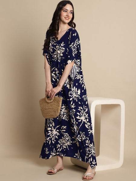 Designer Indian Floral Printed Kaftan Maxi Dress For Women VitansEthnics