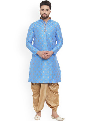 Blue Ethnic Motifs Woven Design Mandarin Collar Kurta with Dhoti Pants