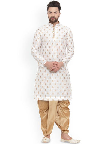 White Ethnic Motifs Woven Design Mandarin Collar Kurta with Dhoti Pants