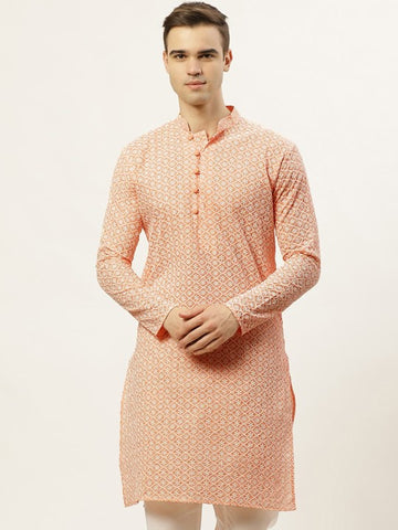 Men Orange Pure Cotton Floral Embroidered Straight Kurta
