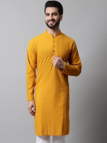 Men Mustard Yellow Embroidered Pure Cotton Kurta